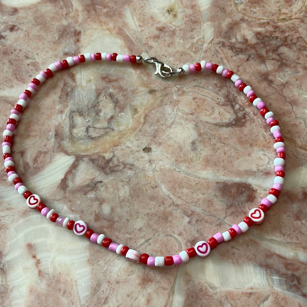 Handmade Red and Pink Beaded Choker Necklace